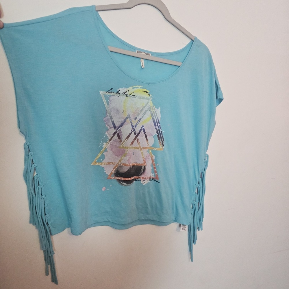 Y2K Fringe Hippy Boho Shirt Turqoise Geometric Graphic Tee Large